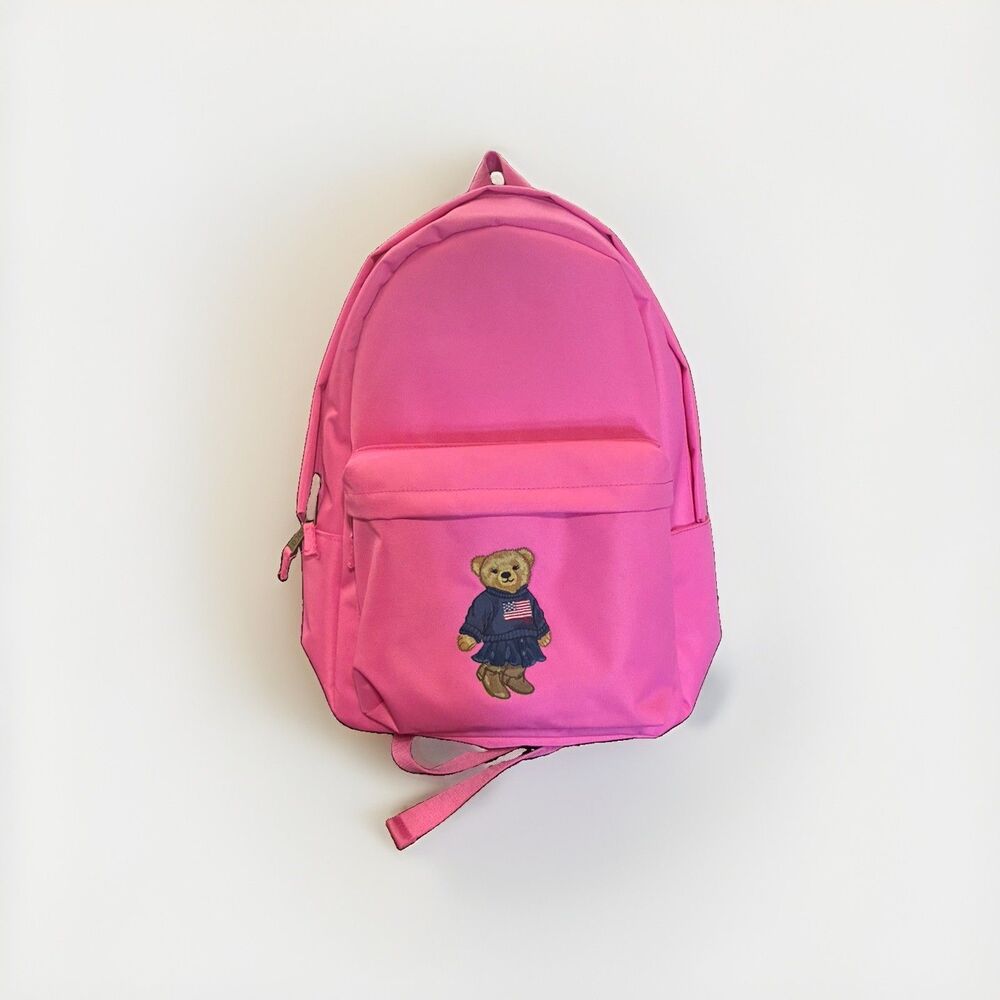 Polo Ralph Lauren Bear Pink Canvas Backpack School Bag Embroidered NWT